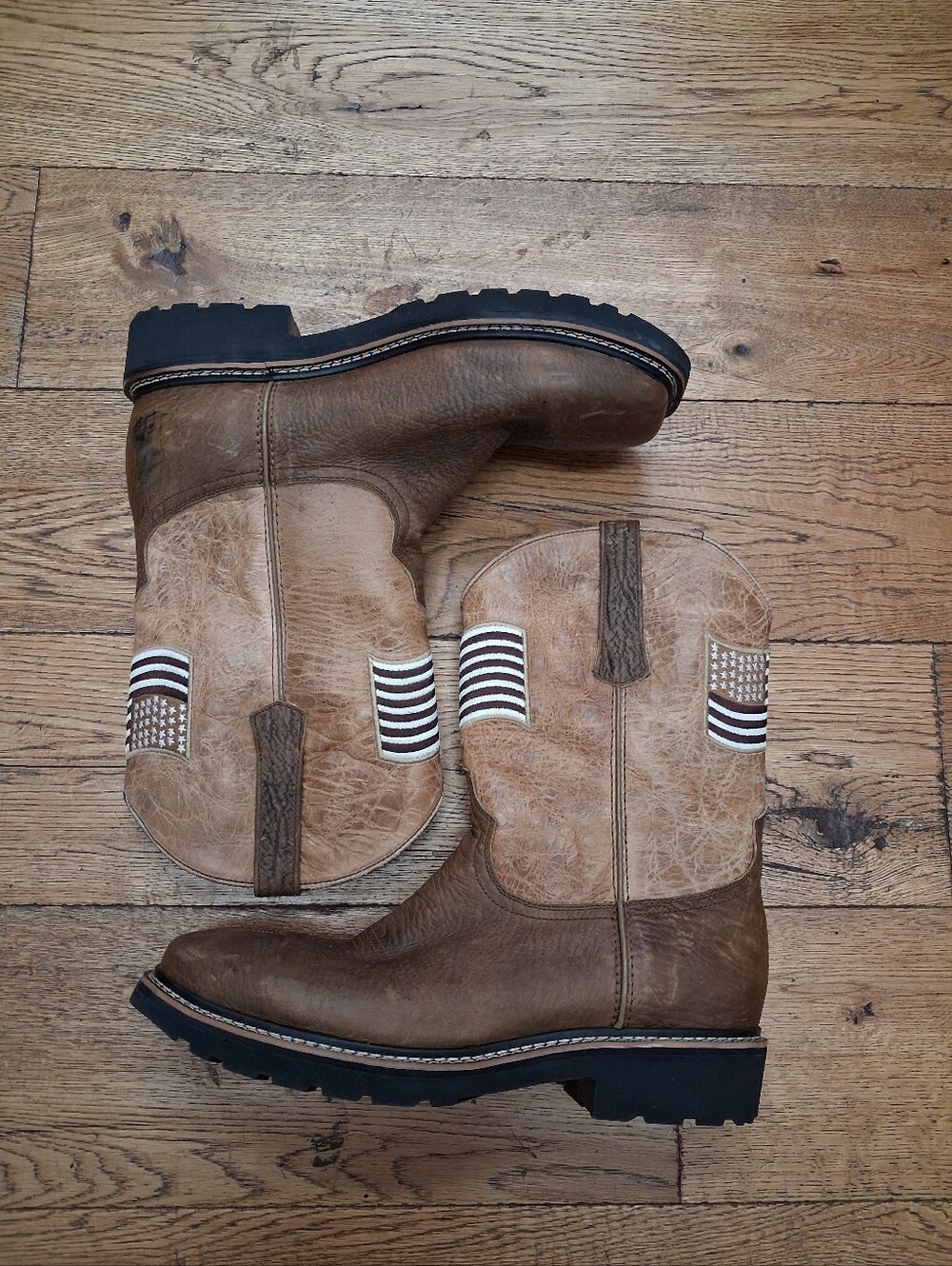 J.B. DILLON 2035 SQUARE TOE COWBOY BROWN BOOTS SIZE 12D AMERICAN FLAG